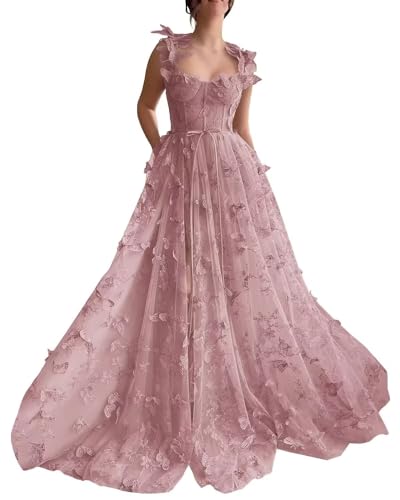Zepumen 3D Butterflies Tulle Prom Dress 2025 Corset Long Ball Gown Lace Appliques Formal Evening Party Gowns with Slit