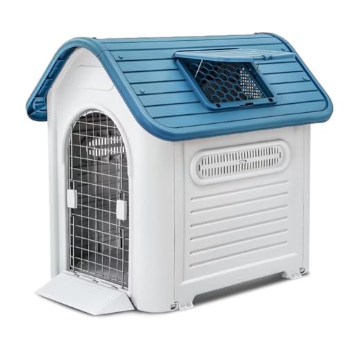 Pempet 犬小屋 ペットハウス 犬 ハウス プラスチック ドッグハウス 犬小屋 屋内 屋外 小型犬 中型犬 大型犬 天窓付き ドア付き 防雨 換気 軽量 全天候型 オールシーズン 洗える サビない 組み立て簡単 (XL, ブルー)