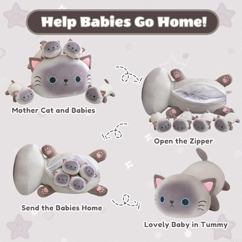 SQEQE Siamese Cat Stuffed Animals 5 in 1, Cute Siamese Cat Plush with 4 Babies in Tummy, Christmas Birthday Gifts for Boys and Girls - Thumbnail 3