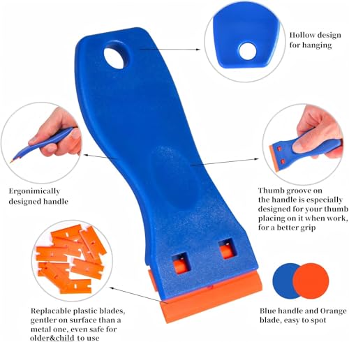 Image of 8 PCS Plastic Razor Blade Scraper Tool with 100 PCS Extra Blades, Cleaning Scraper Remover for Stickers Lables Paints Adhesives on Window Glass Car