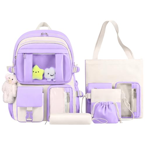 Sac à dos esthétique de style kawaii violet 5 en 1 pour exprimer sa personnalité