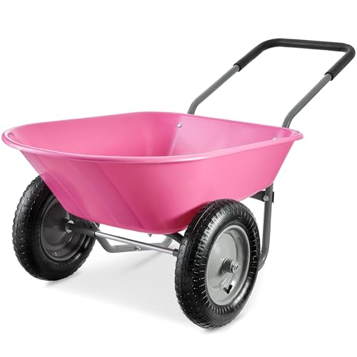 Image of Best Choice Products Dual-Wheel Home Utility Yard Wheelbarrow Garden Cart w /Built-in Stand for Lawn, Gardening, Construction - Pink