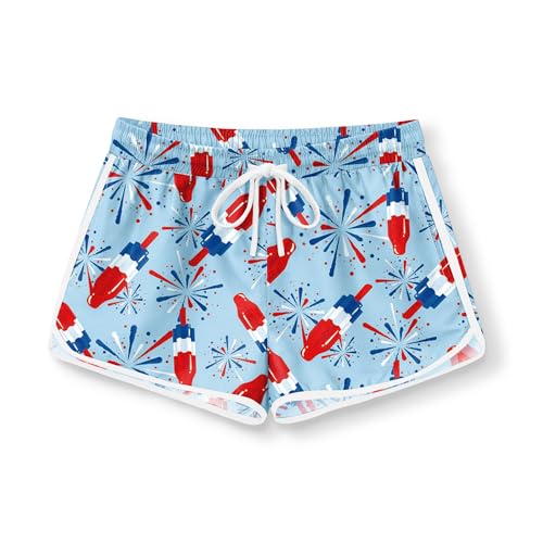 Image of BesserBay Girls 4th of July Elastic Waist Beach Swim Shorts American Flag Trunks with Pockets 5-14 Years