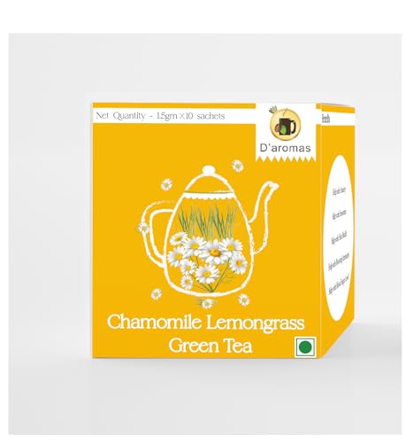 Image of D'aromas Chamomile Lemongrass Tea Bags | Relaxing chamomile & Refreshing lemongrass Blend | Calming Floral Aroma | Herbal Wellness Infusion | 10 Tea Bags (1.5g Each) | D'aromas Herbal Tea