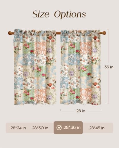 Image of Boho Kitchen Curtains - 36 Inch Length Linen Blend Vintage Floral Cafe Curtains Country Tier Curtain Short Drapes Rod Pocket for Bathroom Living Room Windows Light Filtering, 2 Panels