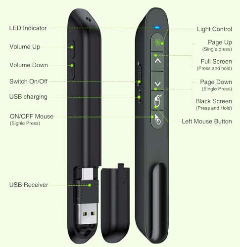 Image of DINOSTRIKE Air Mouse Green Light USB A&C Rechargeable Presentation Clicker Wireless Presenter Presentation Remote Control RF 2.4 GHz Powerpoint Clicker Slide Advancer for Mac Laptop Computer