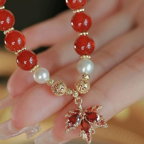 Vintage Red Beaded Bracelet for Women - Maple Leaf Fall Natural Red Jade Stretch Gold Bracelet With OT Clasp - Thanksgiving Autumn Jewelry4
