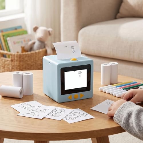 Image of Jiawu Smart AI Voice Sticker Printer, 2.4G WiFi AI Voice Powered Sticker Maker with 2.4Inch HD Screen, 2Paper Rolls & 6Colored Pencils, Mini Thermal Printer for Home, Study