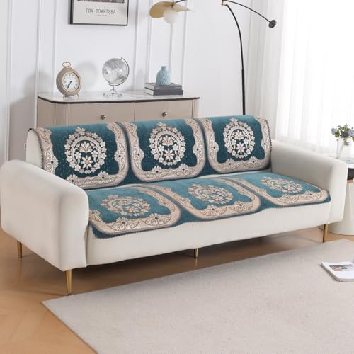 Image of HOKIPO Shahi Teal Premium Chenille Jacquard Sofa Cover for 3 Seater for Seat & Back, 'Royal Aangan Series' (IN-1008-L2*2)