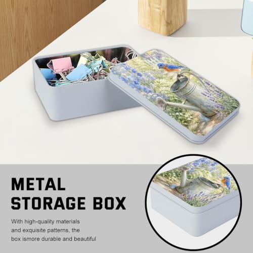 Image of Decorative Metal Tin Box with Lid,Bluebird Watering Can Organizer