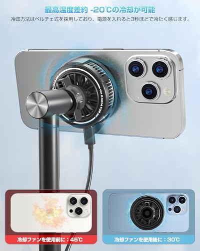 KUUVAN スマホ冷却スタンド MagSafe対応 ペルチェ冷却 スマホクーラー 卓上 マグネットスタンド 22-33CM高さ調整 スマホ熱対応 3段階風量調整 静音 360度回転 横/縦置き 滑り止め iPhone/Android対応