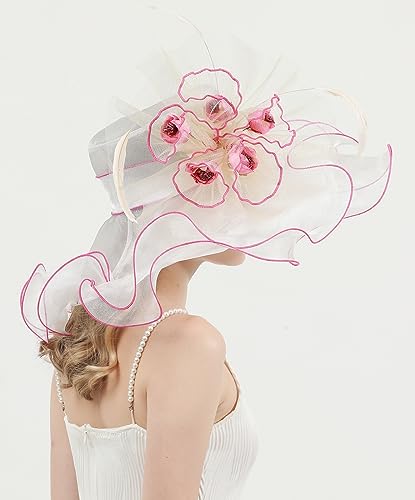 Sombrero de mujer con flor organza festivo y ala ancha miniatura 3
