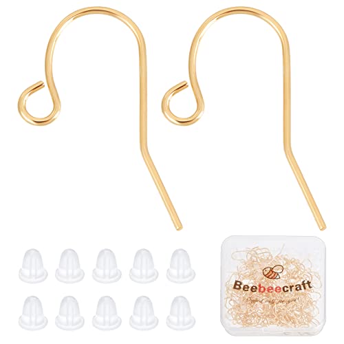 Beebeecraft 200 Stück/Box Ohrhaken Für Die Schmuckherstellung, 18 Karat Vergoldete Ohrhaken-Ohrringe Mit Angelhaken Und 200 transparenten Gummi-Ohrringverschlüssen Für Die DIY-Ohrringherstellung Cover