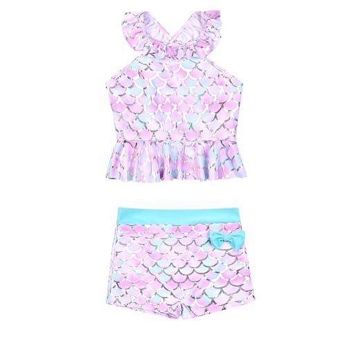 Image of CHILDRENSTAR Little Girls Tankini Swimsuit 2 Pieces Bathing Suit for Kids | Quick-Dry Cross-Back Adjustable Ruffles with Bow Decor Swimming Tankini and Short For Beach and Pool