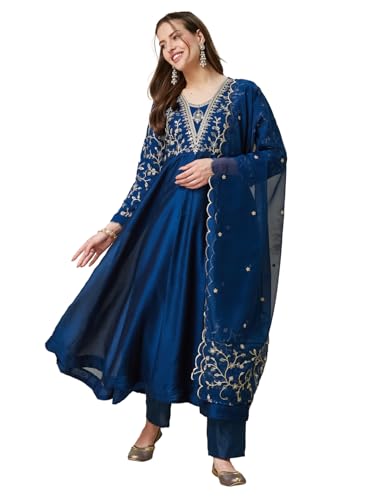 Image of MOKOSH Women's Silk Anarkali Kurta Pant with Dupatta | Anarkali Kurta Set | Embroidered | 3 Piece Outfit | Floral Ethnic Suit 4 Colour Options Available