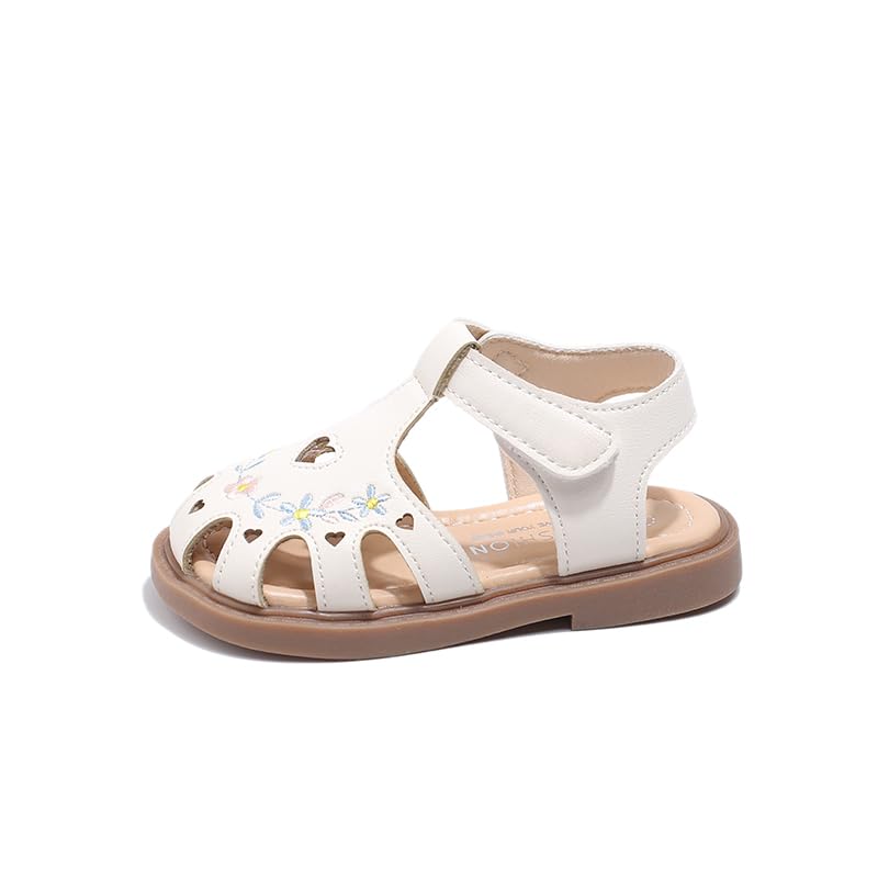 Toddler Girls Sandals – Soft Sole Summer Shoes with Heart Cutouts and Embroidery – Pink or Beige