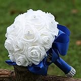 Faylapa Wedding Bridal Bouquet Crystal Pearl Silk Roses Royal Blue Bridal Bridesmaid Hand Flowers...