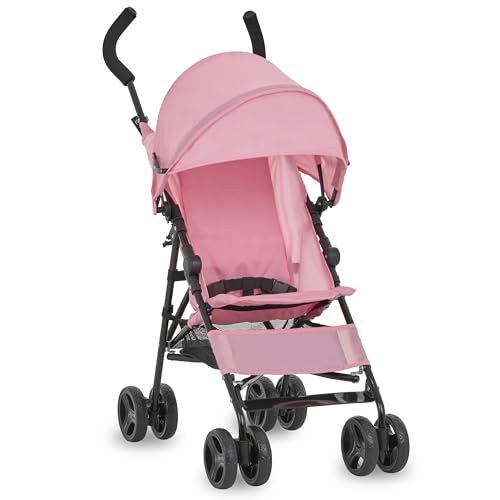 Image of Dream On Me Rover Convenience Baby Stroller - Lightweight & Compact Travel Umbrella Stroller, Quick One-Hand Fold, Lockable Rear Wheels, Adjustable Canopy, 3-Point Safety Harness & Cup Holder - Pink