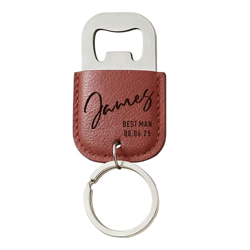 EDSG Personalized Bottle Opener Keychain Stainless Steel & Leather Bottle Opener Birthday Christmas Valentines Day Gifts for Him Husband Dad Wedding Best Man Groomsmen Gifts (Dark Brown Design 2)