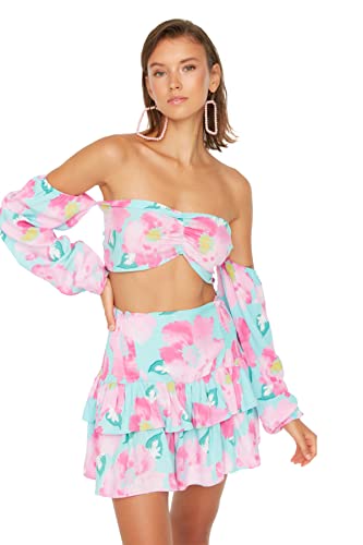  Trendyol Blumenmuster Carmen Collar Gipeli Rock Bluse Bottom Top Anzug, Completo di gonna Da donna, Multi Color, 36