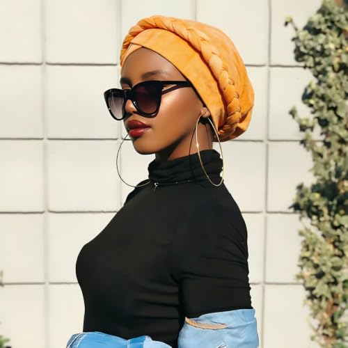 Image of DRESHOW Turban Pre-Tied Twisted Hat Thread African Head Wraps for Black Women Chemo Cancer Cap Braid Hair Cover