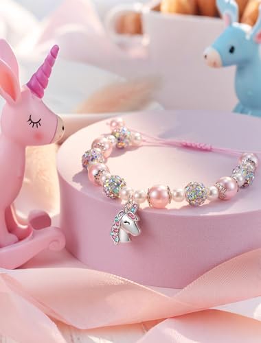 HGDEER Unicorn Birthday Gifts for Girls, Adjustable Pink Pearl Unicorn Charm Bracelet for Girls Daughter Granddaughter Niece4