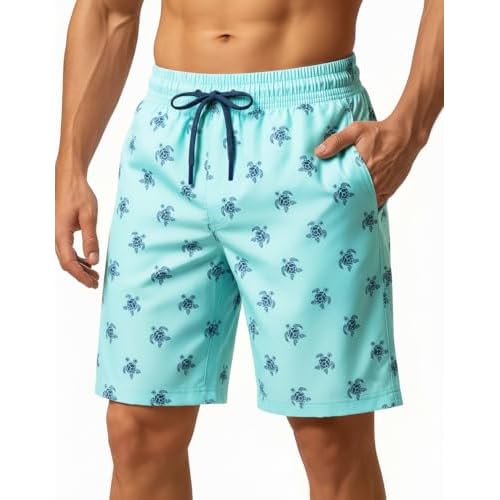 9 Inch Men Swim Trunks with Mesh Lining Breathable Quick Dry Drawstring Pockets for Summer Beach Travel Cruise Small Aqua Shark