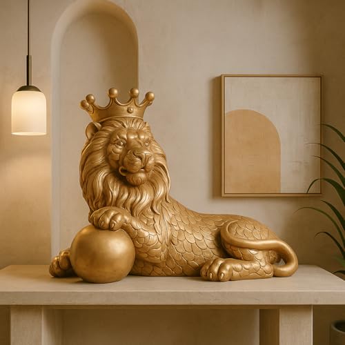 Image of Xtore Regal Gold Lion Figurine with Crown | Royal Decorative Statue | Handcrafted Resin Art | Luxury Home Accent -(Pack of 1, Golden)