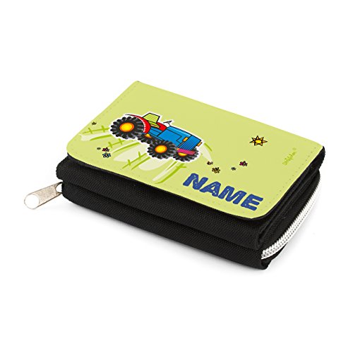 Preisvergleich Produktbild Striefchen® Kindergeldbörse mit Namen - Traktor - in schwarz mit Geschenkverpackung