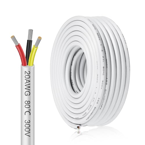 inShareplus Cable eléctrico de 3 núcleos de 20 AWG, 3 x 0,5 mm², 5 metros, cable eléctrico de 3 núcleos, 12 V/24 V/300 V, cables de cobre estañado blanco, calibre 20, flexible y suave, cable de