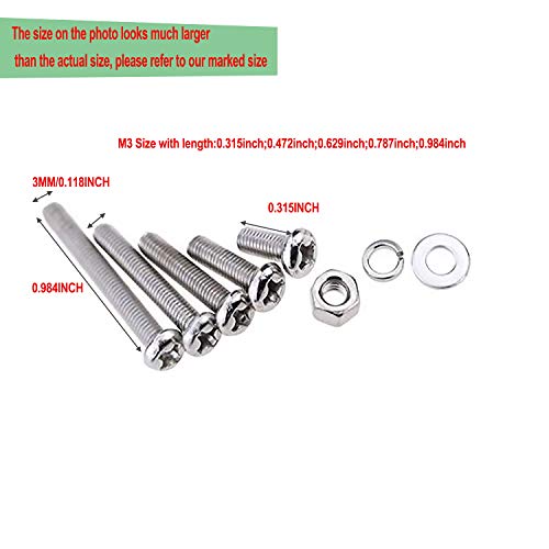 290pcs M3 Phillips Pan Head Screws Bolts Nuts Lock Flat Washers Assortment Kit (M3,304 Stainless Steel) - Thumbnail 2