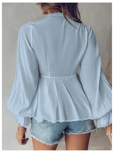 SweatyRocks Women's Lace Long Sleeve Peplum Top Tie Front Blouses V Neck Lantern Shirts2