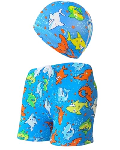 TPZORJX Bañador Natacion Niño, Pantalones Cortos, Gorro Piscina de Tela，pantalon y bañador niño，bañador corto para niños，pantalones cortos playa niño，traje de baño natacion ，Patrón de tiburón