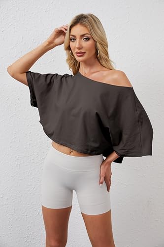 Off The Shoulder Tops Oversized Short Sleeve Crop Tee Shirt Casual Loose Workout T-Shirt 2025 Summer Fashion Clothes3