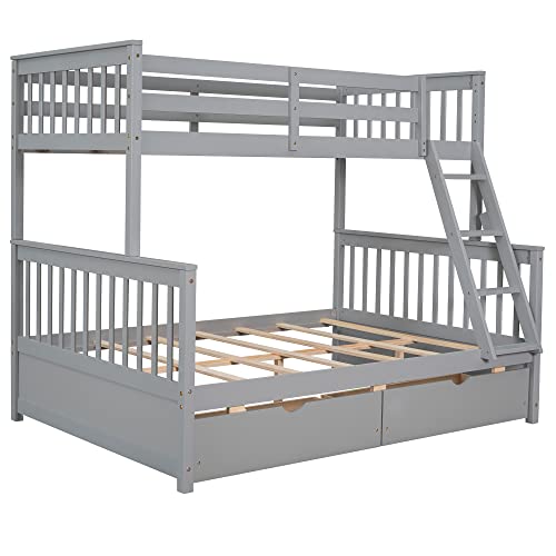 Harper & Bright Designs Bunk Bed With Drawers, Twin Over Full Bunk Bed, Solid Wood Bunk Bed Frame With Ladders & 2 Storage Drawers, Bedroom Furniture(Gery, Twin/Full With Drawers) #TOP6