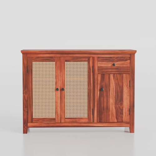 Image of Solid Sheesham Wood Sideboard Cabinet with 2 Cane Doors, Storage Shelves & Drawer | Wooden Storage Cabinet for Living Room, Dining Room & Hallway | Buffet Console Cabinet for Home Decor | Honey Finish