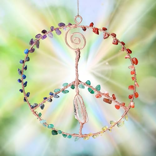 Siifert 6 Inches Crystal Winding Peace Sign Sun catcher, Metal Peace Sign Wall Decor Art Rose Gold Life Crystal Stone Sun catcher Window Car Wall Art Hanging Decorations for Home Office Decor Ornament