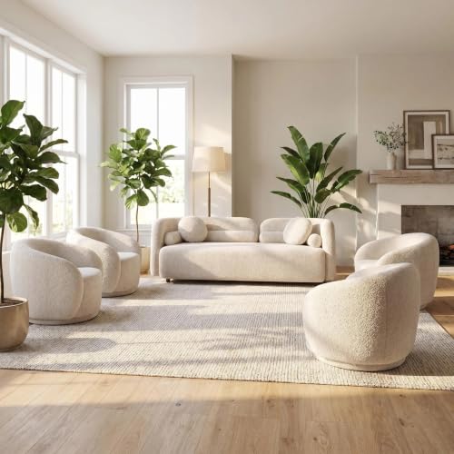 Image of 5 Piece Curved Couch Set for Living Room, Boucle Sofa Set with 1 Modern 3-Seater Sofa & 4 Swivel Chairs, Deep Seat Conversation Seating Furniture for Open Concept Spaces,Home Office (Beige)