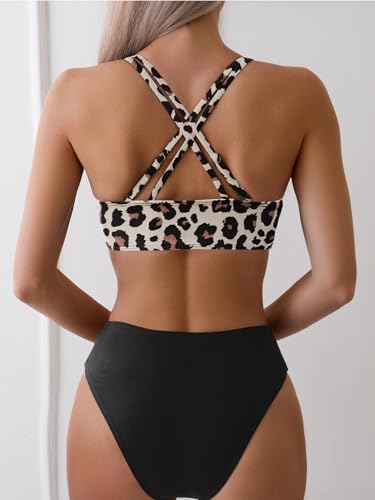 Image of Fanuerg Women's Sexy V Neck Bikini Sets Hollow Out Two Piece Swimsuits Cutout Mid Waist Bathing Suit