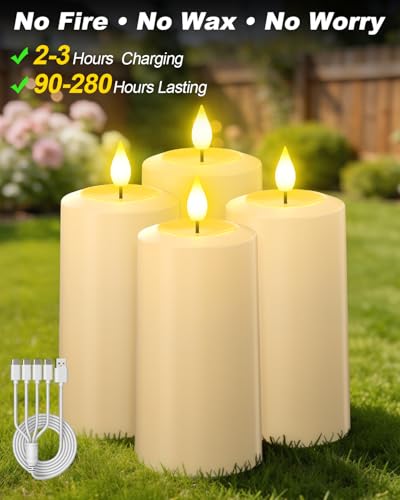 Image of SoulBay Flameless LED Candles, 4-Pack USB Rechargeable, Flickering Waterproof White Pillar Candles with Remote Control Timer for Outdoor Lantern Patio Yard Indoor Holiday Decor, 2.75 x 5.1 Inches