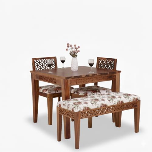 Image of RECTART Solid Wood Dining Table Set with Chairs for Living Room Home | Wooden Dining Room Sets Furniture for Hotels and Restaurants | (Natural Teak CNC, 4 Seater with Bench)