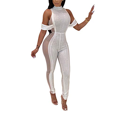KPBS Women's Sexy See Through Jumpsuits Sequin Sparkling Mesh Jumpsuits Sleeveless One Piece Outfit Club White KPBS Women's Sexy See Through Jumpsuits Sequin Sparkling Mesh Jumpsuits Sleeveless One Piece Outfit Club White