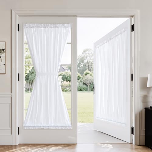 MIULEE Non-See-Through French Door Curtains for Doorway, Privacy Semi Sheer Curtains for French Doors, Light Filtering Rod Pocket Window Drapes with Tie Back, White, 54 x 63 inches, 2 Panels