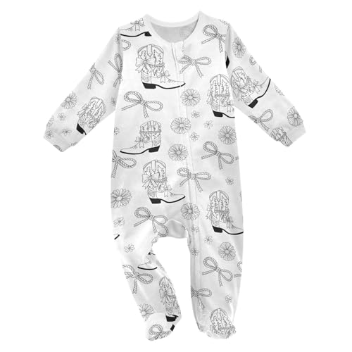 Emelivor Western Cowgirl Ribbon Baby One-Piece Newborn Pajamas Footie Long Sleeve Romper Pjs for Boy Girl Kids