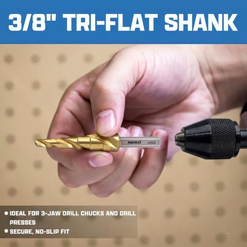 Image of NEIKO 10612A Step Drill Bit, 10 Steps 1 /4 inch to 1-3 /8 inch Spiral High Speed Steel, Titanium Nitride Coated, 3 /8 inch Tri Flat Step Bits for Steel, Metal, Wood, Plastic, Unibit Cone Drill Bits, Two Flute