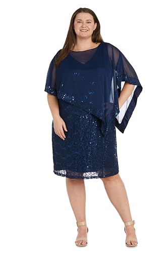 Image of R&M Richards Women's Knee-Length Glitter Sequin Lace Dress W /Sheer Asymmetric Poncho Overlay | Evening Cocktail Attire