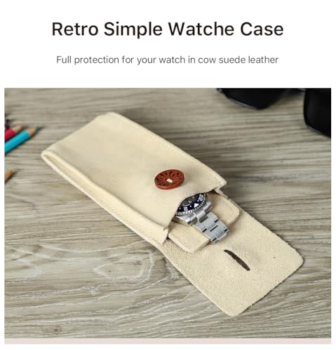 Image of CONTACT'S FAMILY Leather Watch Travel Case for 1 Watch (Beige) | Genuine suede leather, snap button closure, soft lining, ultra-compact 46g, vintage design, Valentine's gift for men.