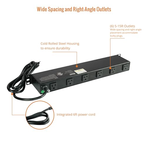 Image of Tecmojo 1U Rackmount Network-Grade PDU, 12 Wide-Spaced Right Angle Outlets, Circuit Breaker 12A (UL Certified 12A) 6ft Cord w / 5-15P Plug, Black