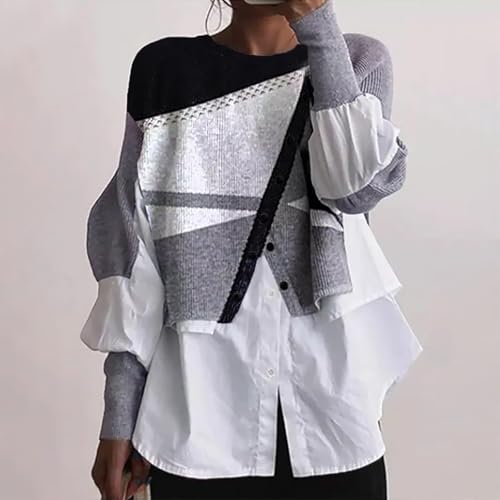 Sweaters for Women Trendy Lantern Long Sleeve Crewneck Shirts Spliced Two Knitted Sweater Spring Fall Fashion Clothes2