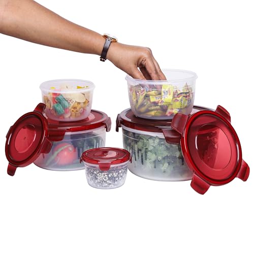 Image of PEARLPET PP Container Circular Plastic Food Storage Container with Air Tight Lid | Fridge & Freezer Dabba Containers, Fruit Box Set of 5, Red (300ml, 600ml, 1200ml, 1800ml and 3000ml)